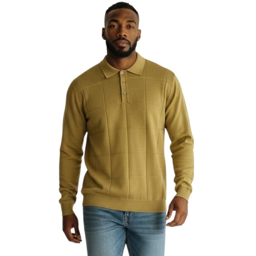 Le Monde Men’s Henley Sweater 3XL Tan Collared 1/4 Button Grid Long Sleeve NWT